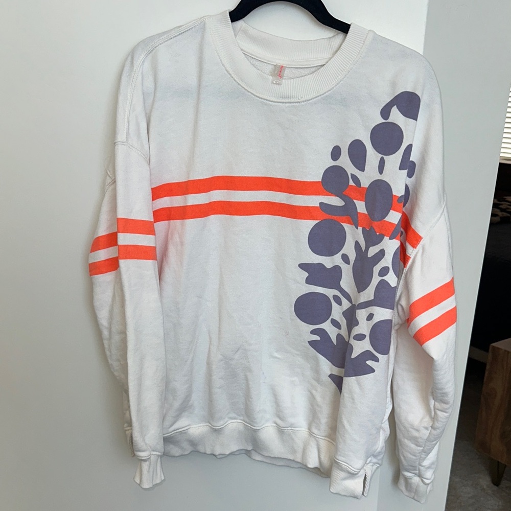 FP Movement by Free People White and Orange Crewneck Sweater